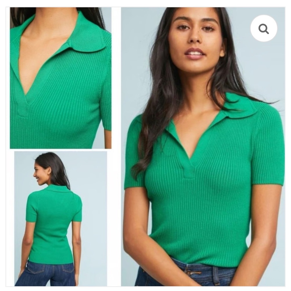Anthropologie Moth Green Ribbed V-Neck Polo Shirt medium